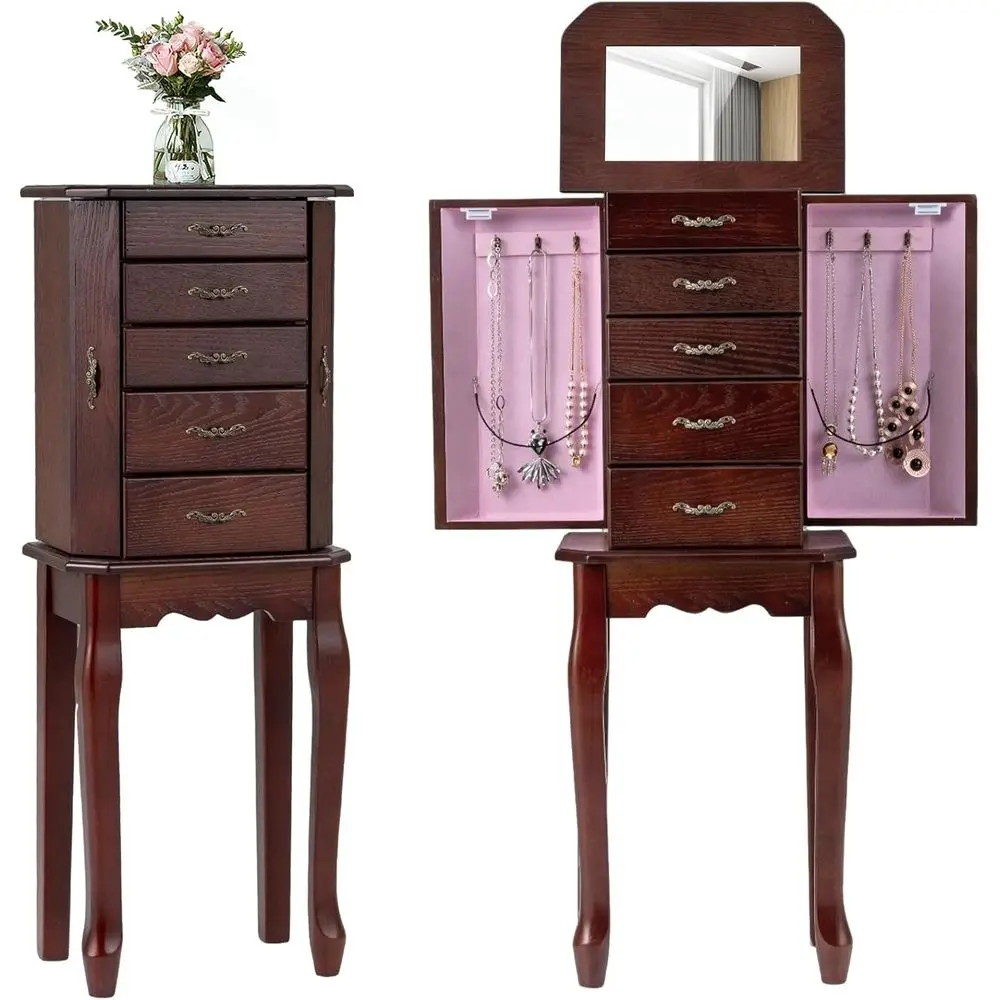Standing lry Armoire with Top lip Vanity Mirror, lry Cabinet with Large Storage acity, Solid Wood Organizer with 5 Ders and 2 Si