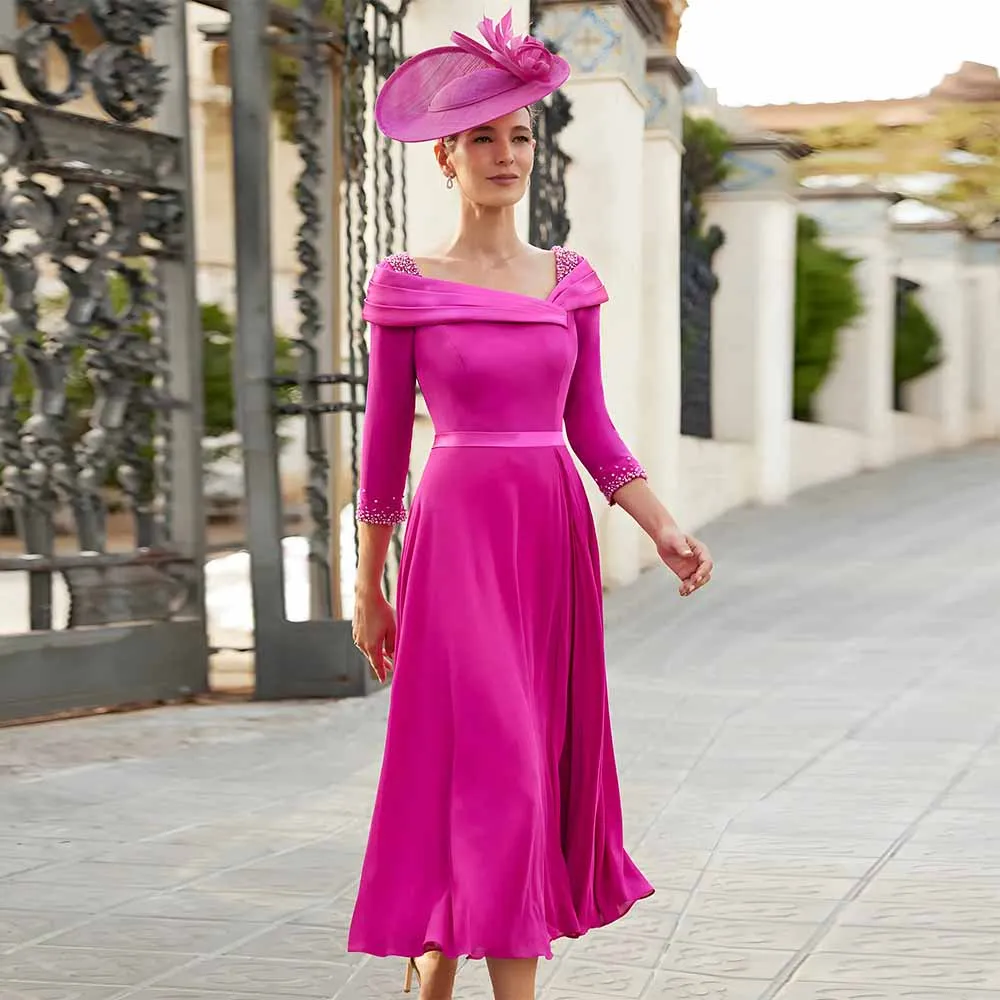 Customized Luxury Mother of the Bride Dresses 2026 A-line Cocktail Party Dress Fuchsia Square Neck Pearls Belt Prom Gowns Midi