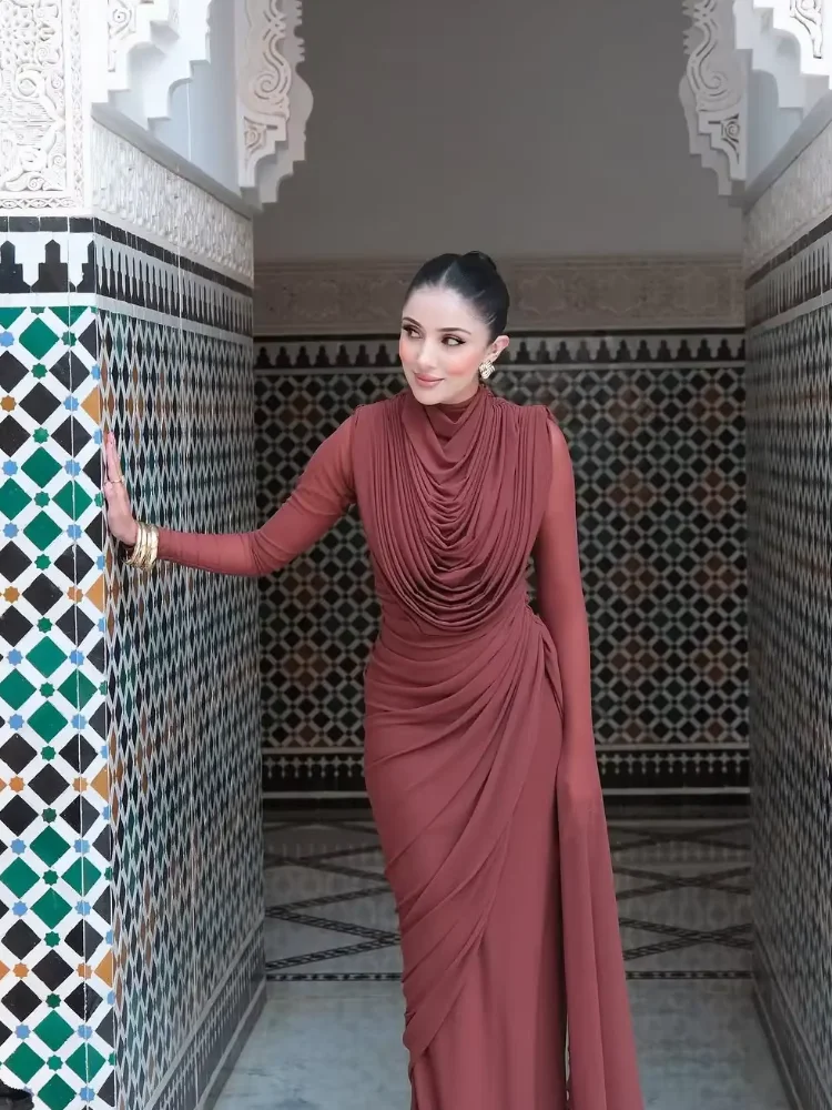 

Women Solid Draped Neckline Long Dress Elegant Full Sleeve Cinched-waist Pleated Bodycon Robe 2026 Lady New Evening Dinner Gowns