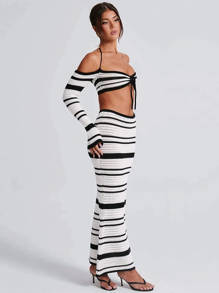 Mozision Striped Knit Skirt Two Piece Sets Women Strapless Long Sleeve Crop Tops And Maxi Skirt Sexy Two Piece Sets Knitwear