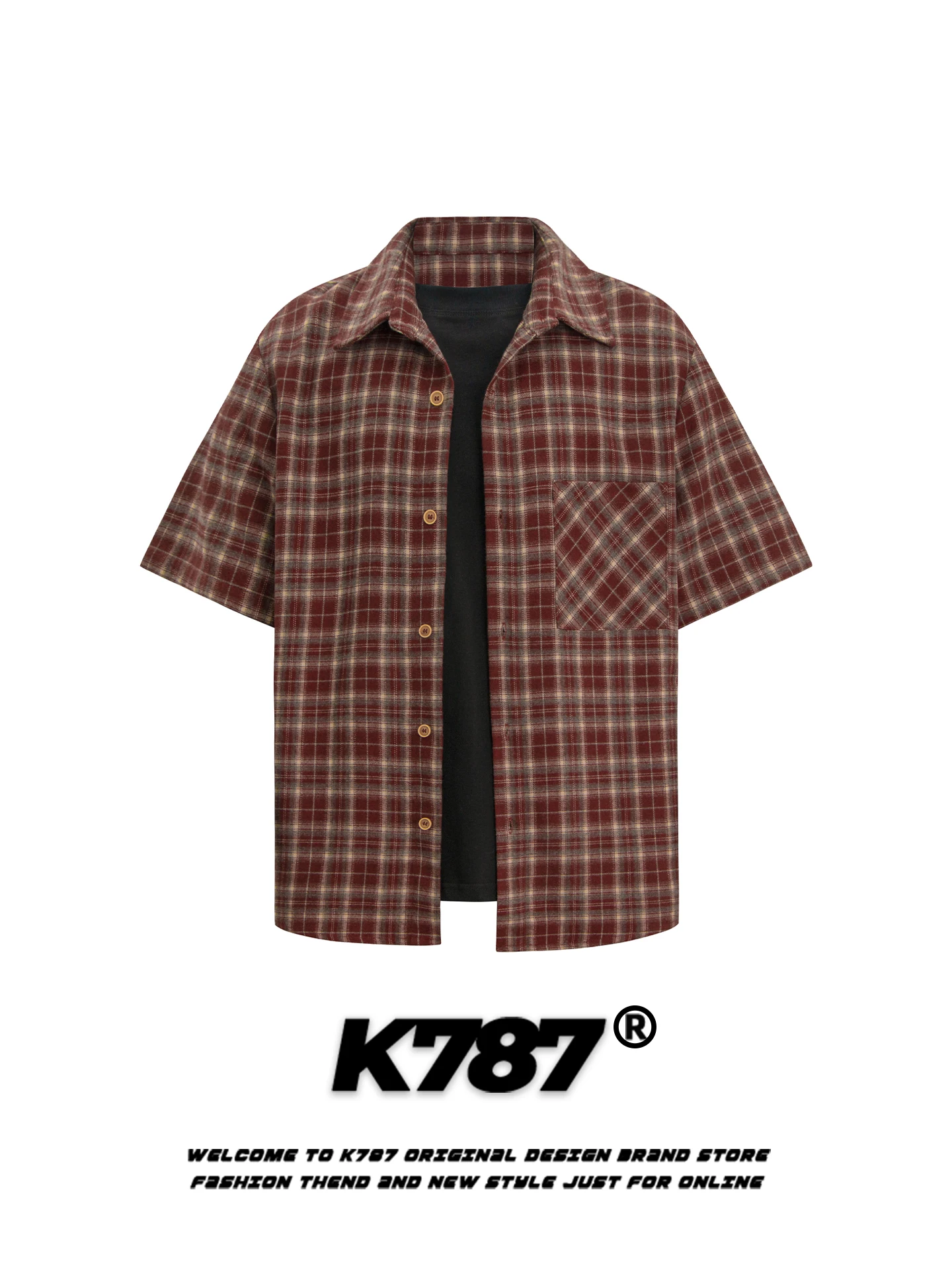

K787 American Retro Red Plaid ort Sve Loose Casual irt ex Street Sle Couple's irt Jaet Polyester Viscose Spa...