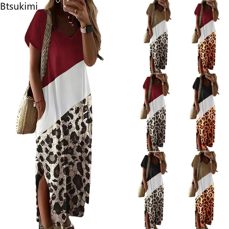 2024 Fashion Leopard Color Block Loose Casual Maxi Dress Women's Summer Short Sleeve Side Split Design V-neck T-shirt Long Dress