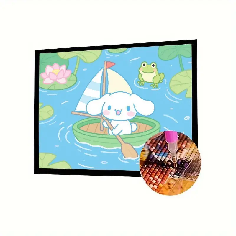 

1PC 5D DIY Full Drill Diamond Painting Kit - Adorable Kawaii White Dog Character Boating with Frog, Lotus & Sailboat Scene, Cute