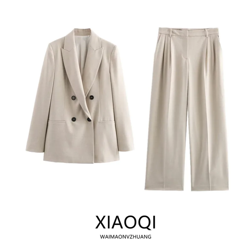 Spring 2025 Women's Fashion Shoulder Pad Double Breasted Long Sleeve Suit Jacket New Arrival Classic Collar Outerwear