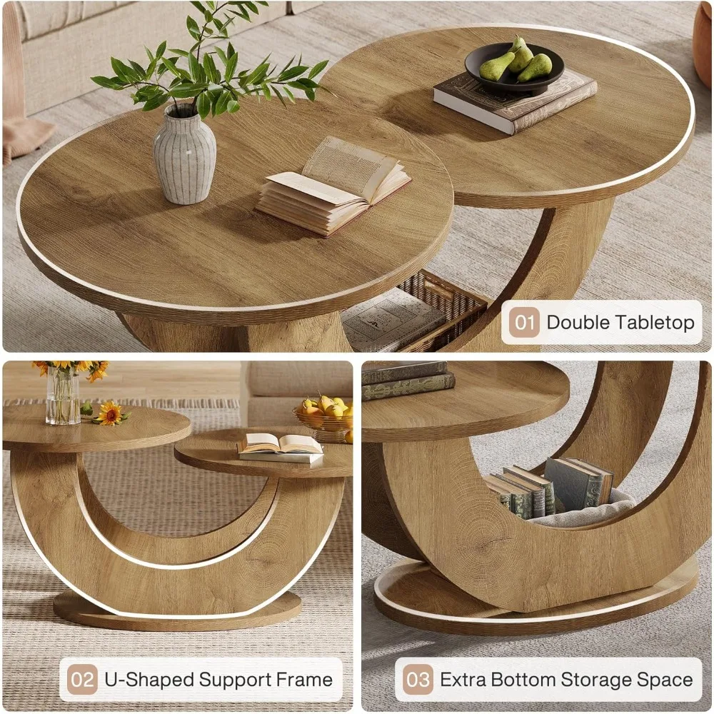 46-inch Round Coffee Table, Modern Living Room Coffee Table with Funky U-Shaped Frame, Low Accent Center Tea Table