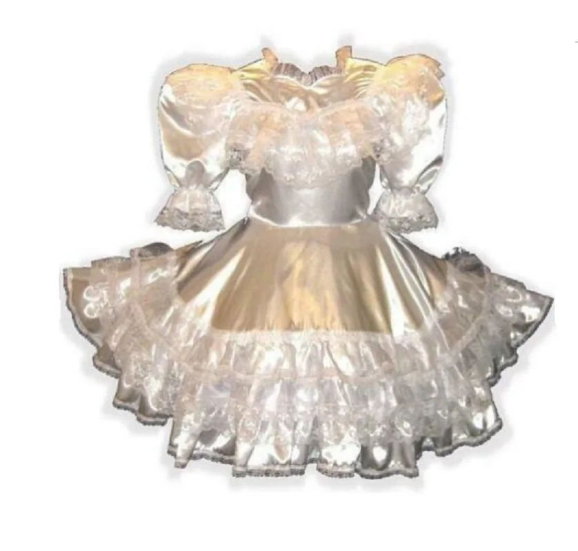 

Hot Maiden Maid White Satin Ruffle Adult LG Baby Sissy Dress Cross Dressing Role Play Customization