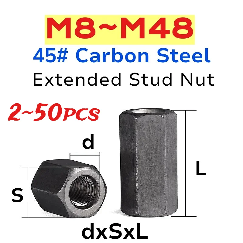 45# Steel m8 m10 m12 m14 m16 m18 m20~m48 Black Hex Standoff Spacer Long Rod Coupling Nut Bolt Sleeve Extension nuts