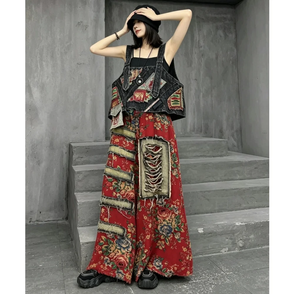 Trendy Printed Denim Suspender Vest + Wide-leg Floor-length Pants Two-piece Set Women Summer Fashion Pant Set LX5750