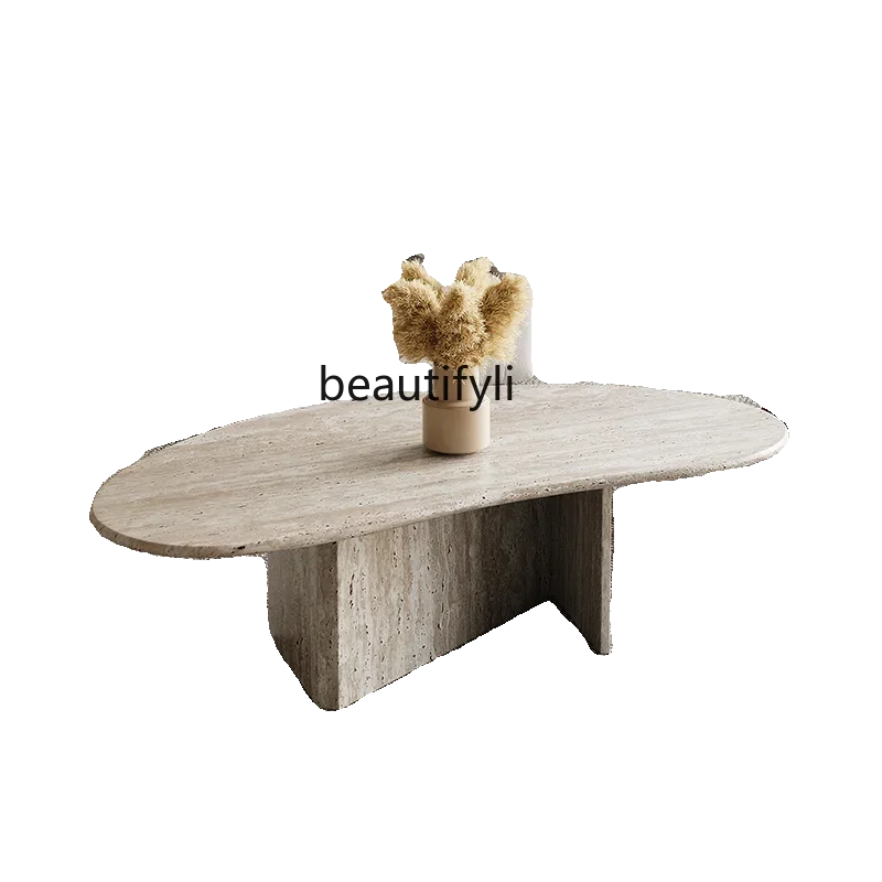 

Natural Travertine Round Coffee Table for Home Use, Small Apartment Minimalist Marble Coffee Table for Living Room