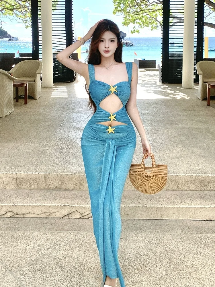 

Blue Long Swimsuit Sensual Island Vaion Bikini Women's White Enhancing Casual Swimwear Tagkita Hollow out Design