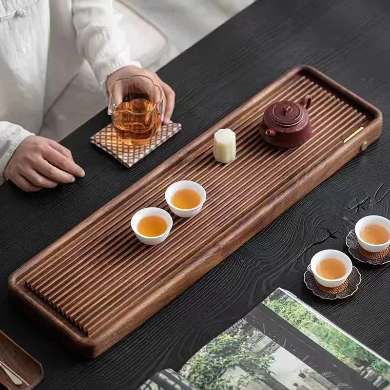 Retro Walnut Wood Tea Tray Rectangular Household Kung Fu Tea Set Drainage Board Simple Light Luxury Style Water Storage