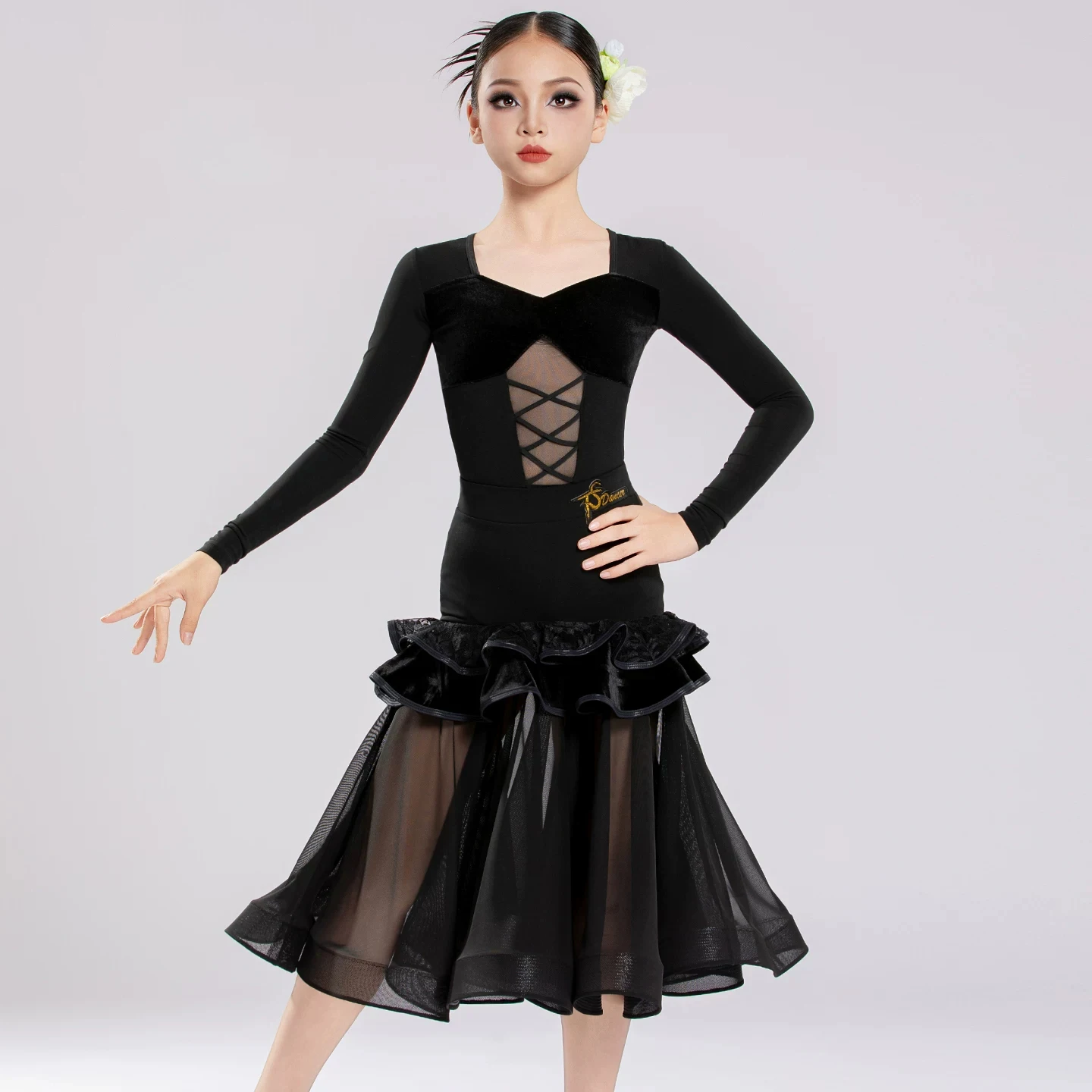Girls Waltz Dance Modern Dance Performance Dress Long Sleeve Top Mesh Skirt Ballroom Dance Kid Competition Stage Clothes DN24611