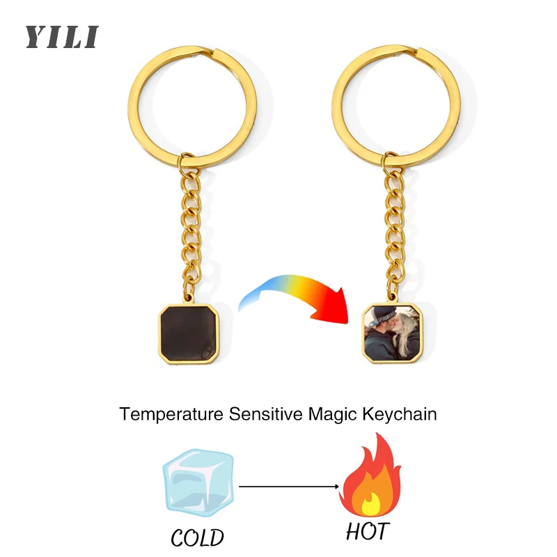 Personalized Picture Square Keychain for Women Men Custom Photo Heat Activated Magic Memory Key Chain Trendy Hi-pop Jewelry Gift