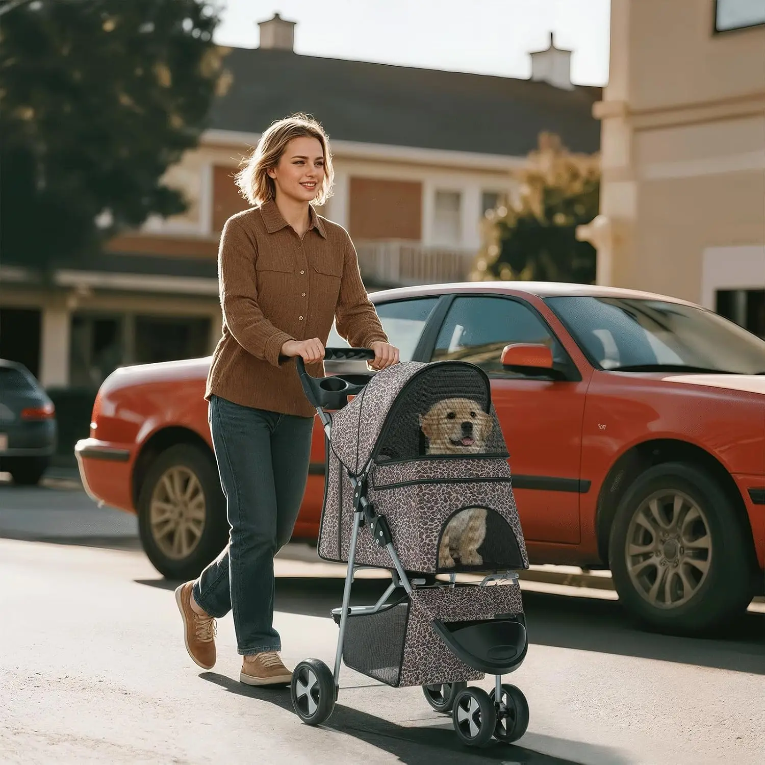 Foldable 3-Wheel Pet Stroller for Dogs & Cats, Leopard Print, Customized