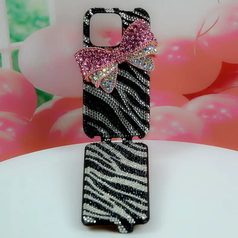 

Handmade Rhinestone Flip Cover with Black and White Zebra Print Phone Case for iPhone 15 Pro Max 15 14 13 12 11 Protective Case