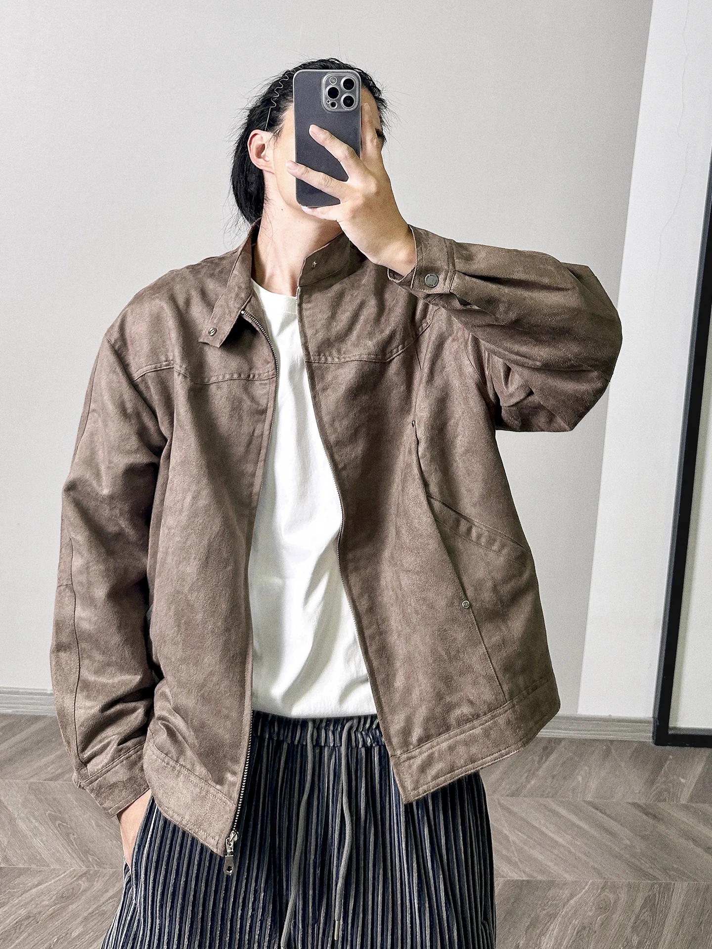 

PGUP Studio, американский ретро-военный джат из искусственной замши с воротником-стойкой, модная верхняя одежда, свободная посадка, длинная застежка-молния