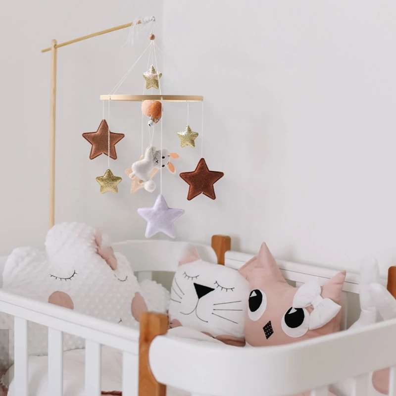 Baby Wooden Bed Bell Rattle Toys Soft Felt Rabbit Star Mobiles Crib Hanging Educational Toys Newborn Bed Bell Montessori Toys