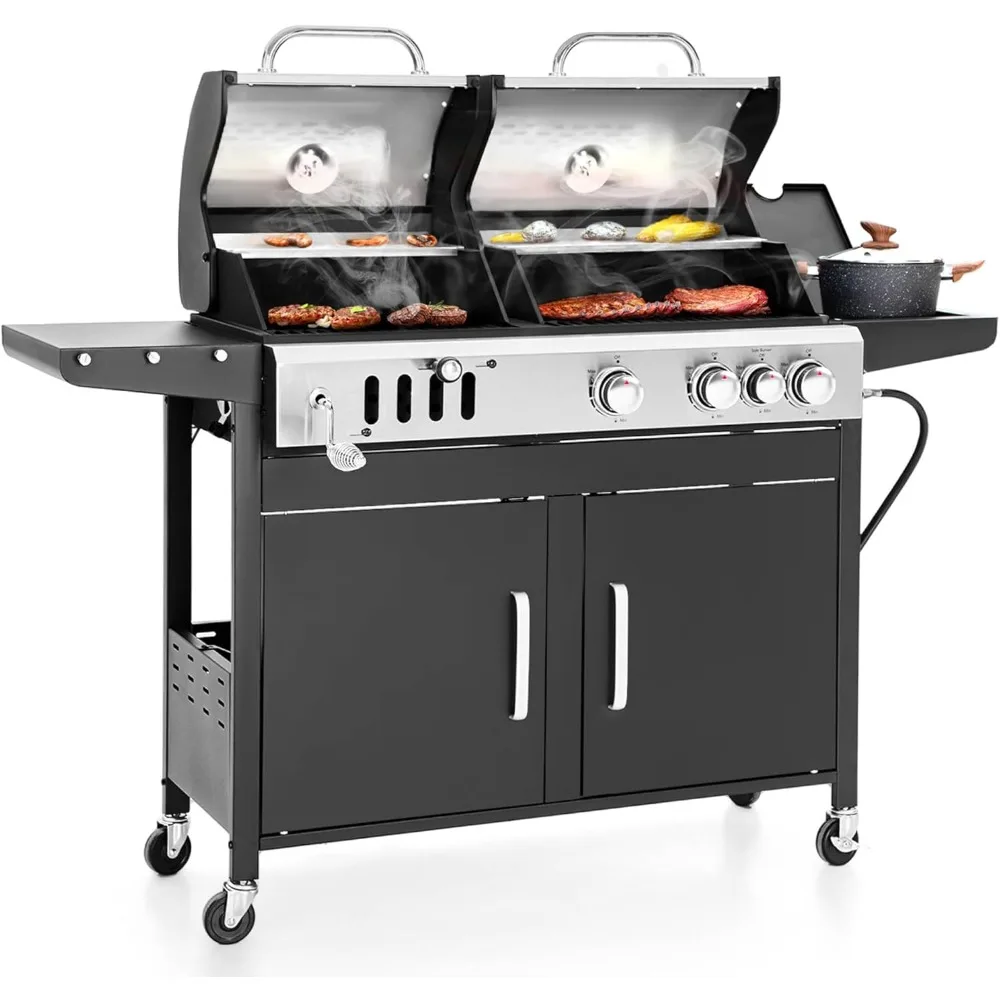 Charcoal and Propane Gas Grill Combo with Side Burner & Porcelain-Enameled Cast Iron Grate, Dual Fuel BBQ Grill for Outdoor,