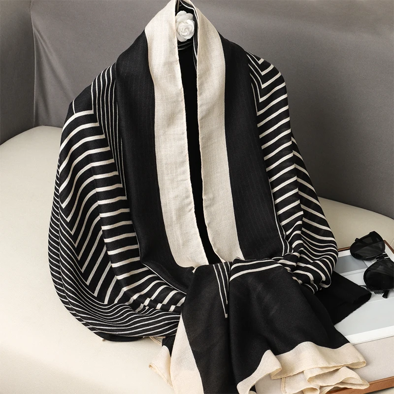 Classic Black White Striped Scarf Elegant Thin Breathable Silky Shawl Spring Summer Sunscreen Soft Beach Towel