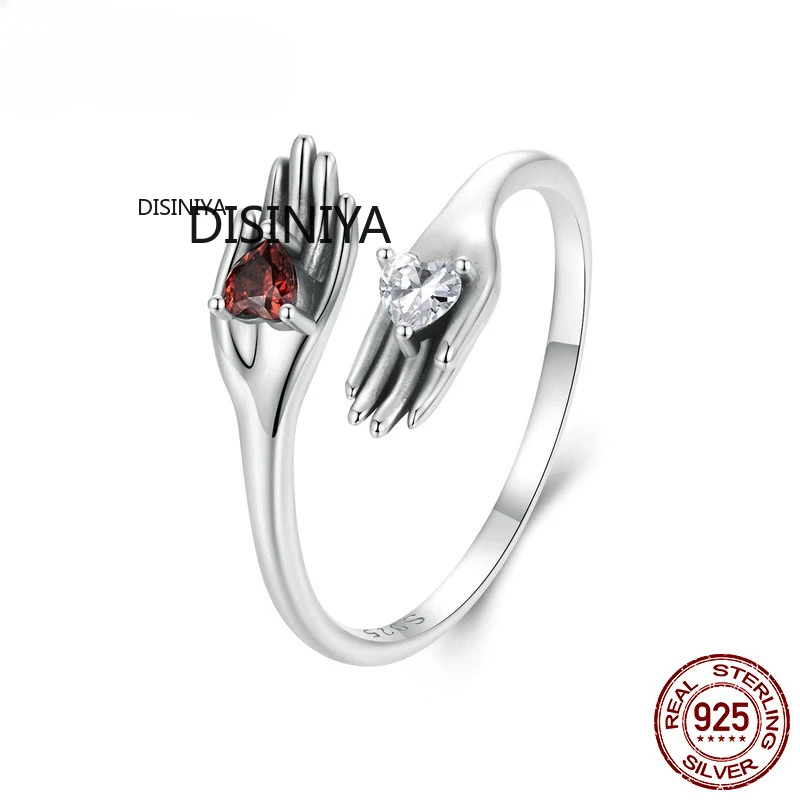 925 Sterling Silver Guard Ring for Women Teen Girls, Adjustable Ring with Red Heart Shaped CZ Birthday Gifts SCR1048-E