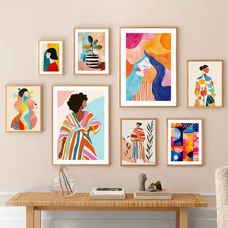 1pc frameless Canvas Painting Watercolor Striped Girl Vase Leaves Wall Art Canvas Painting Abstract Posters Prints Hotel Bar for