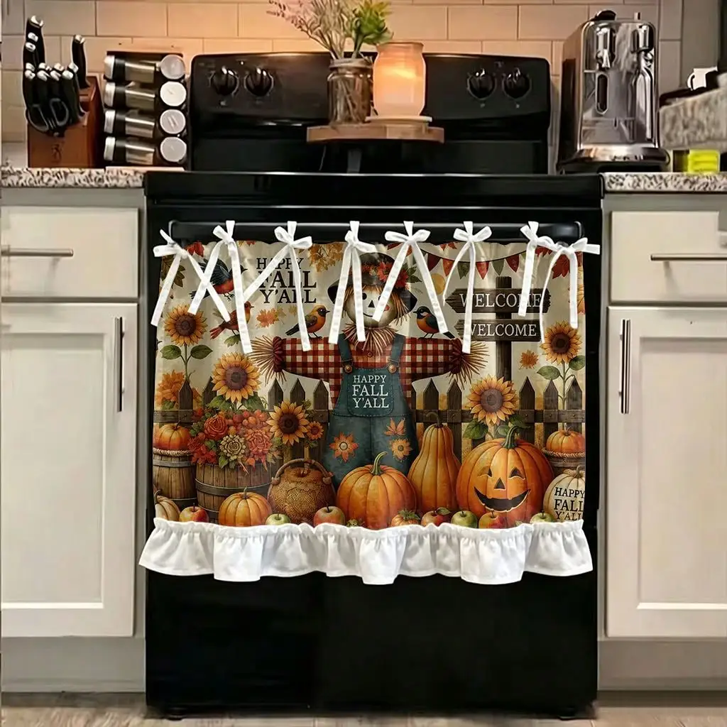 2D Flat - 1pc Farmhouse Fall Harvest Kitchen Stove Oven Valance, 2D Printed Happy Fall Y'All Scarecrow Pumpkin Autumn Home Decor Curtain for Dishwasher Microwave Cabinet Kitchen Sink, Festival Gift, Great Addition to Thanksgiving Family Gathering