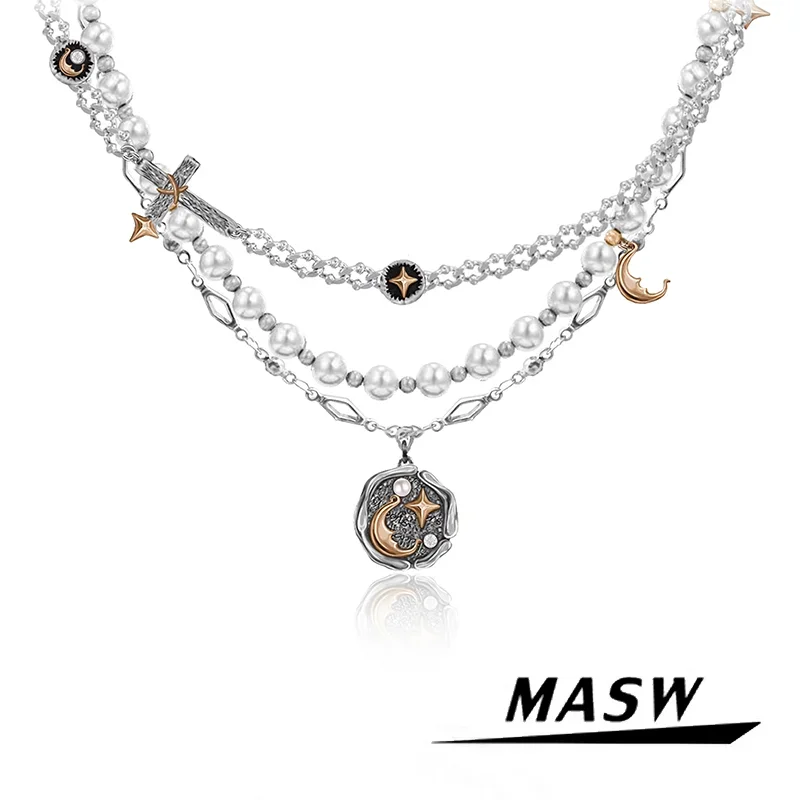 

MASW Original Design Cool Style Simulated Pearl Cross Moon Star Pendant Necklace For Women Accessories Gifts 2024 Trend New