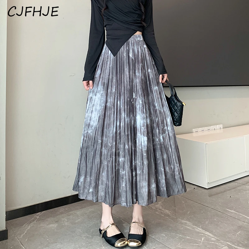 

CJFHJE Summer New Chinese Style Women's Printed Chiffon Pleated Skirt Fashion Sweet Women Mid Length High Waisted A-line Skirt