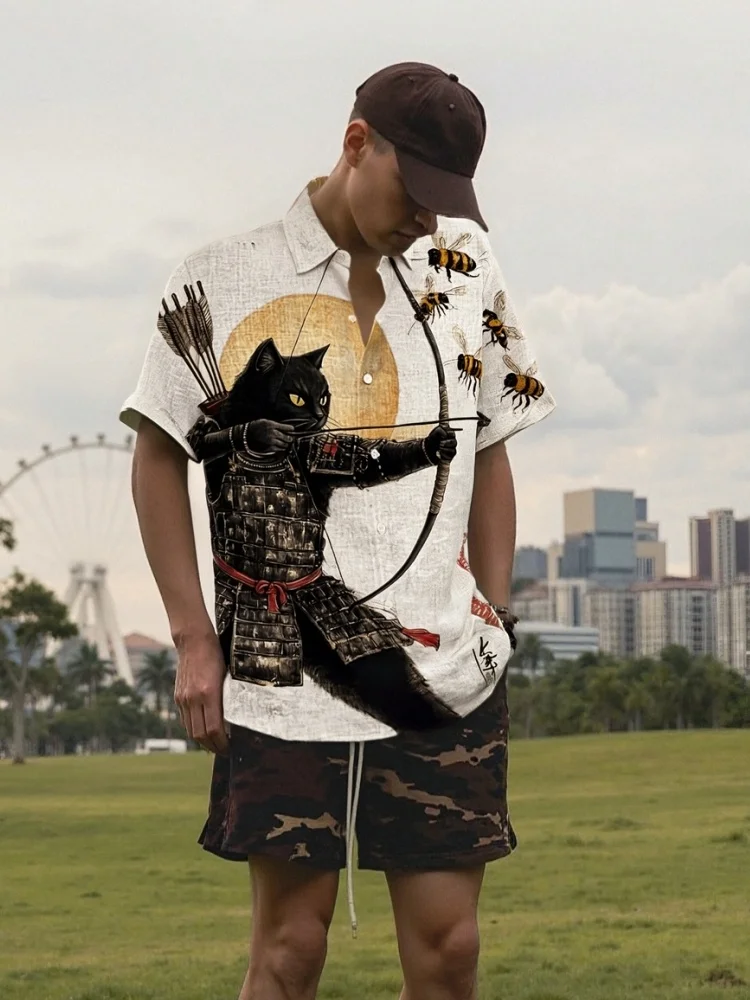 

Retro Oversized Lapel Single Breast Tees Beige Printed Tops Men's Black Cat Tribal Warrior Japanese Kyudo Short Sleeve Shirt