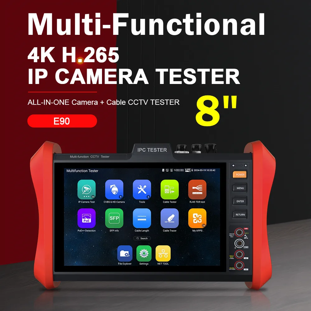 IPC Tester Monitor 8-Inch 4K IP Camera AHD TVI CVI Camera Tester Cable Tracer Opitcal Power Meter Visual Fault Loctor VGA HDMI