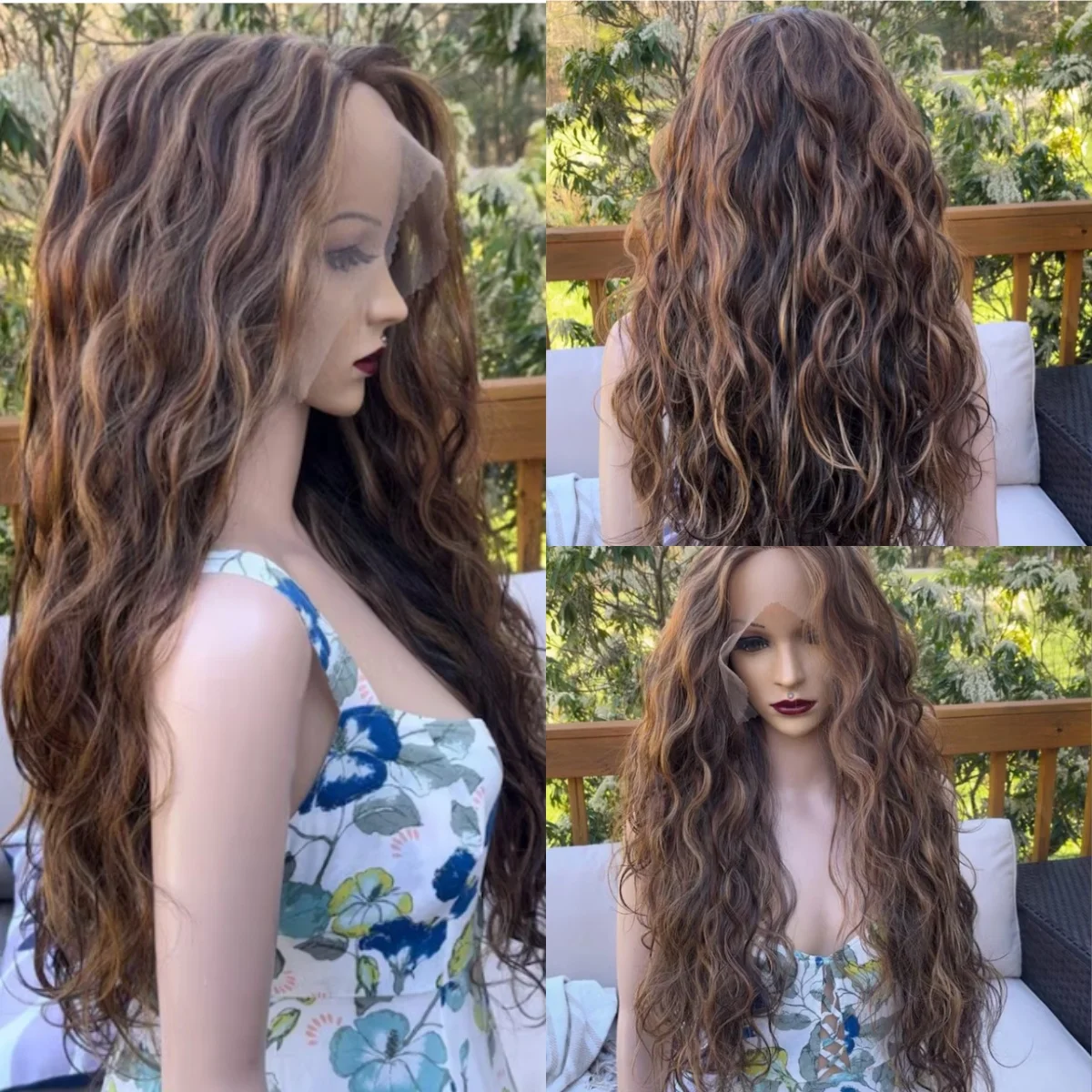 Water Body Wigs Long Highlight Brown Synthetic Lace Frontal Wigs For Women Body Wave Pre Cut Lace Glueless Wear To Go Wigs