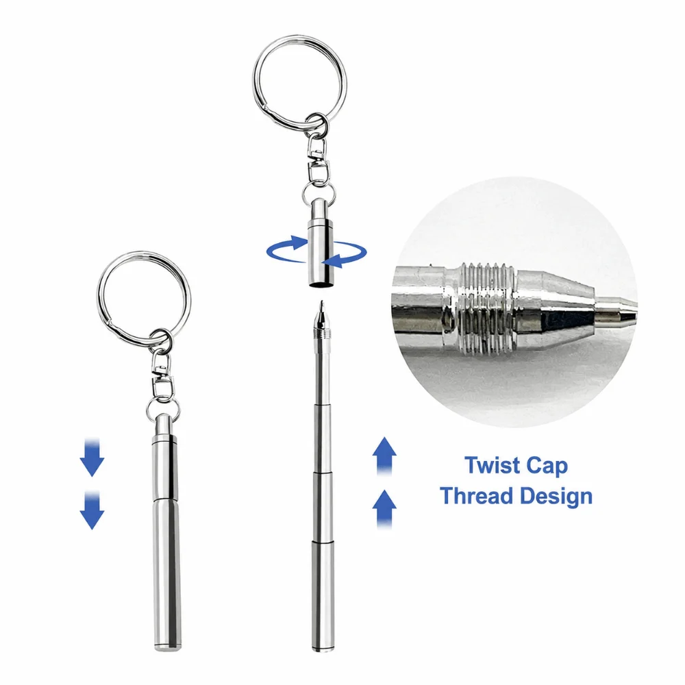 High Quality Stainless Steel Telescopic Pen Tiny with Keychain Pocket Pen Portable Retractable Metal Pen Travel & Daily Carry