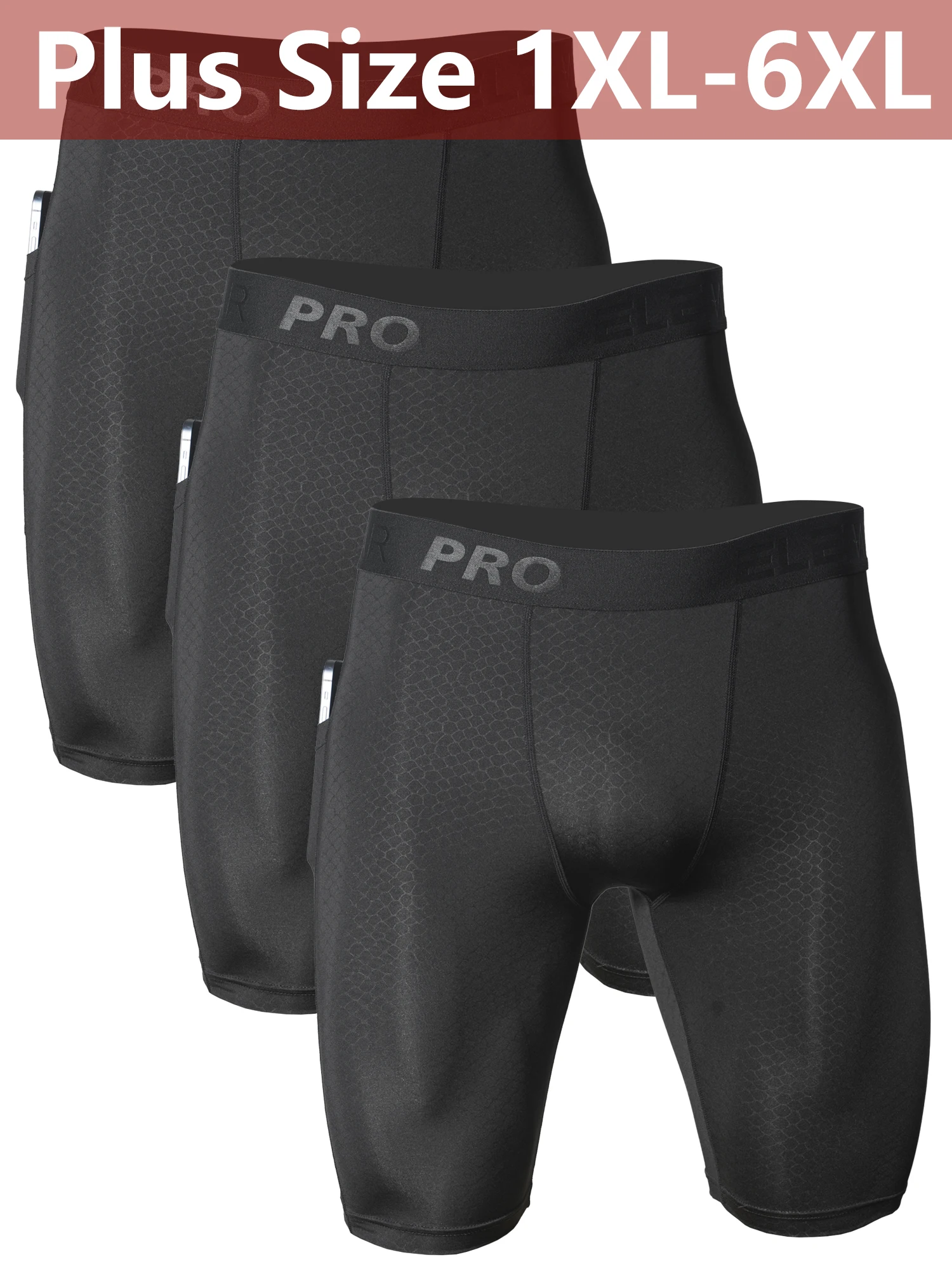 

3pcs Men's Underwear Sports Running Fitness,Side Pockets,Front Inner Pocket,Snake Pattern Embossed,Plus Size 1XL-6XL