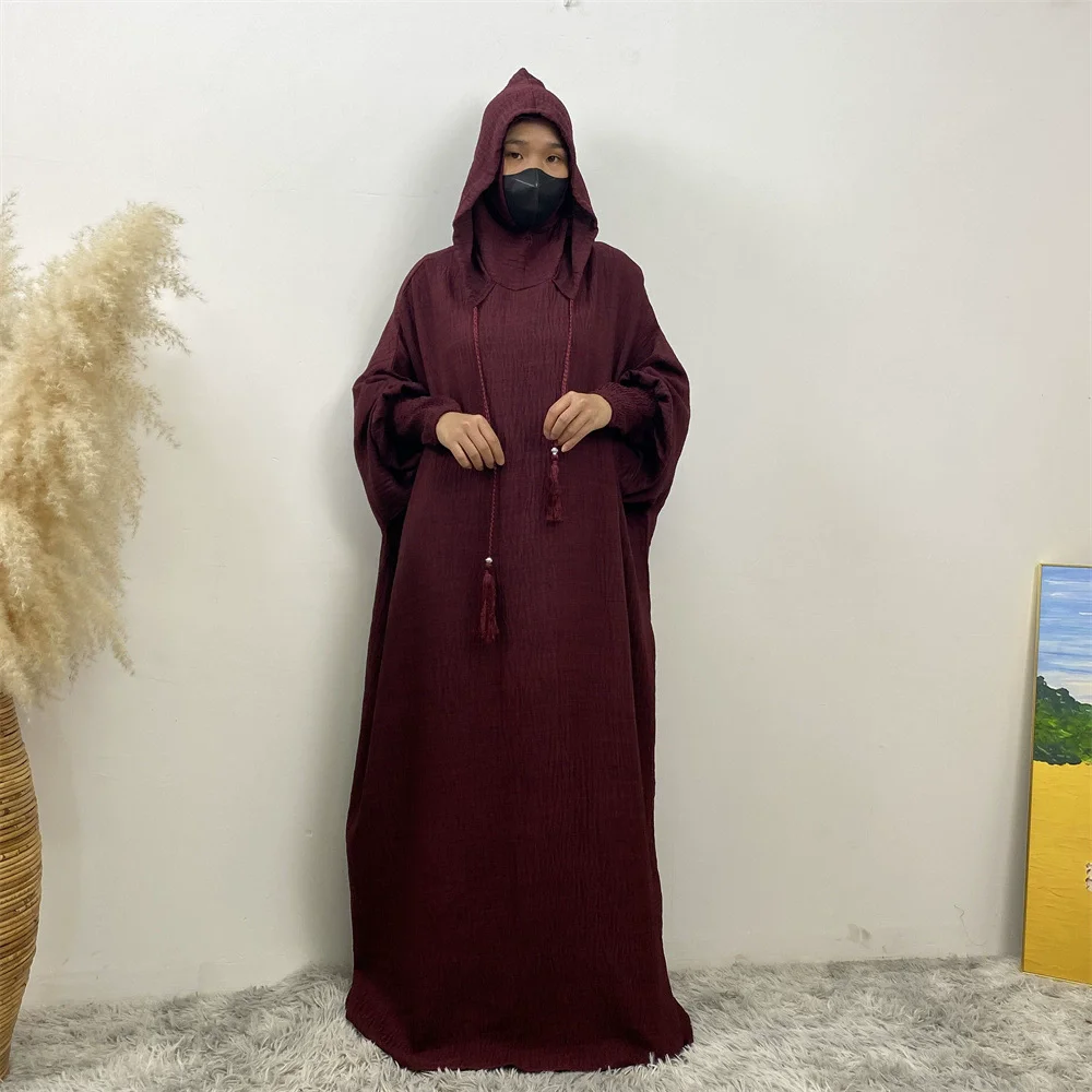 

New Ramadan Muslim Two Hat Abaya Dubai Turkey Islam Prayer Garment Twin Color Solid Cotton Dress Islam Women Dress Kaftan