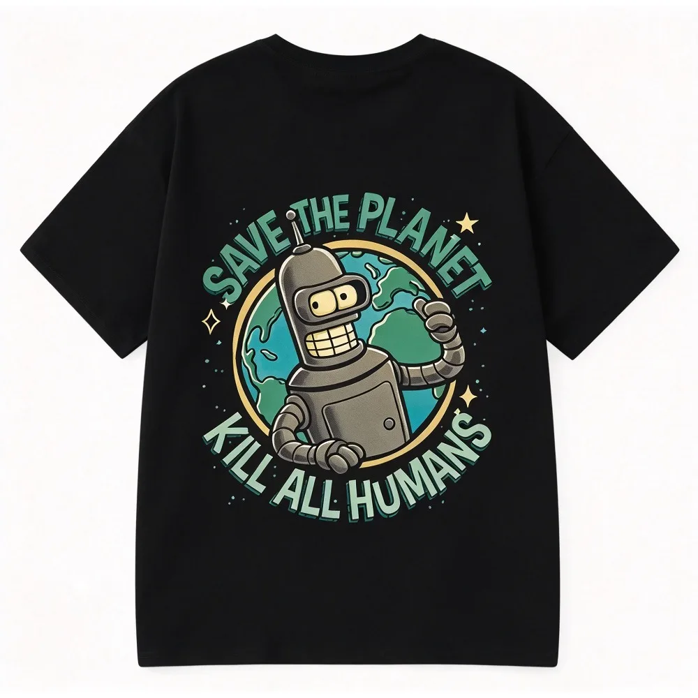2026 New Summer Streetwear Short Sleeve T-shirt, Funny Robot Save The Planet Kill All Humans Print Casual Top