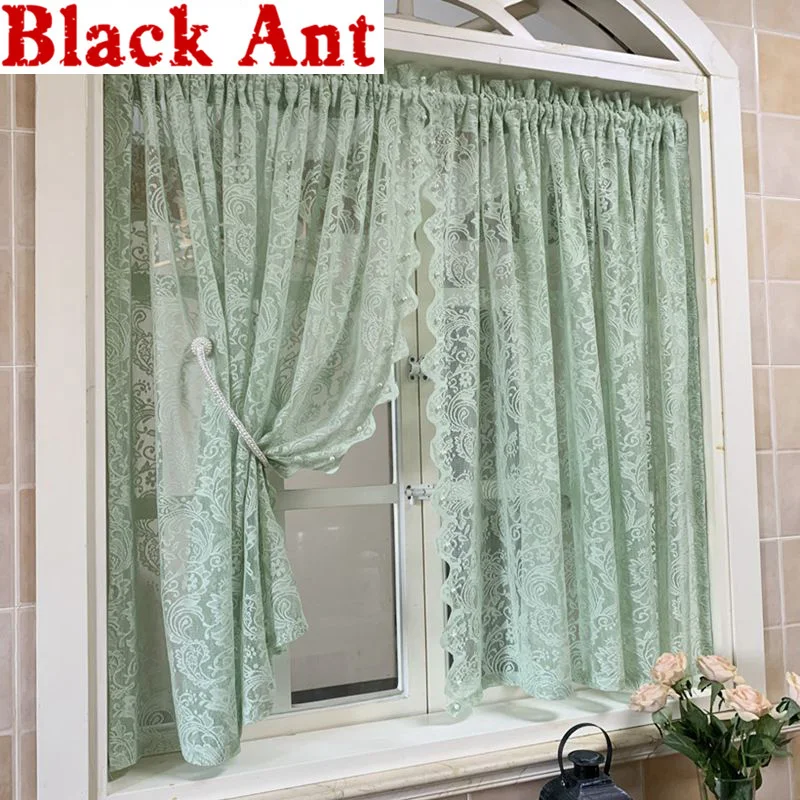 Rural Romantic Mint Green Short Curtain Lace Pearls Embroidered Sheer Tulle Curtain For Kitchen Cabinet Door Decorate Darpe