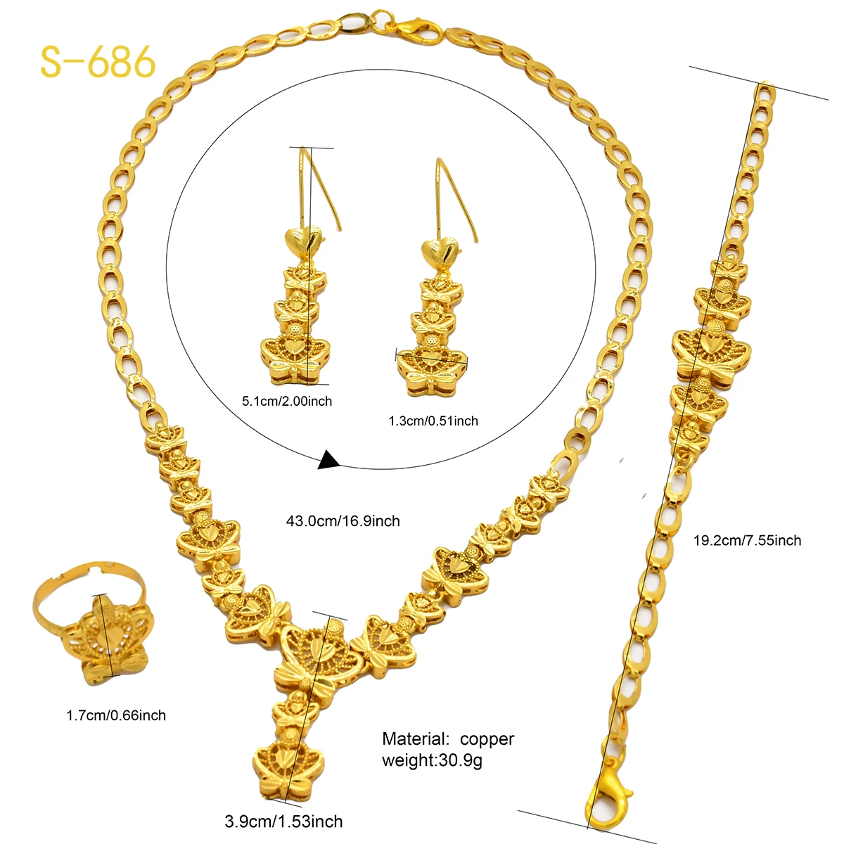 ANIID Indian 24k Gold Color Flower Shape Necklace Earrings Bracelet Ring Set Elegant Bridal Wedding Jewelry Sets for Dubai Lady