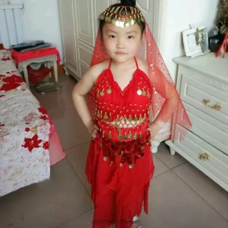 ชุด 6 ชิ้นเด็กอินเดียเต้นรําเครื่องแต่งกาย,สีชมพู Glitter Top,กระโปรงเอว CHAIN,Belly Dance Performance