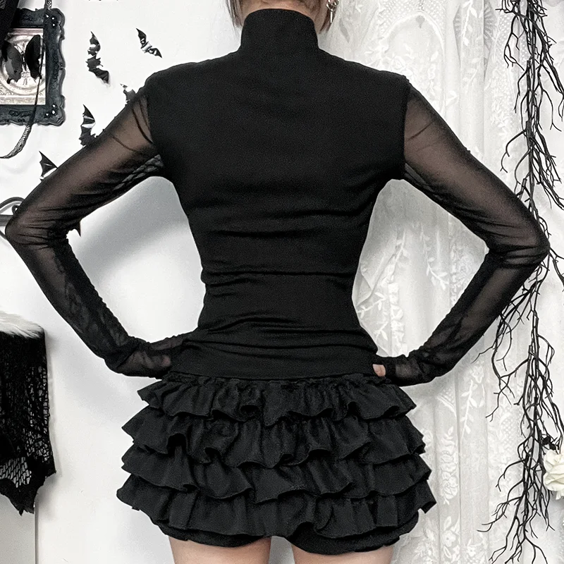 Lilac XN Goth Black Lace Mesh Long Sleeve T-Shirts Y2K Sexy Cross High Collar Women Corset Tops Tees Fashion Summer Streetwear