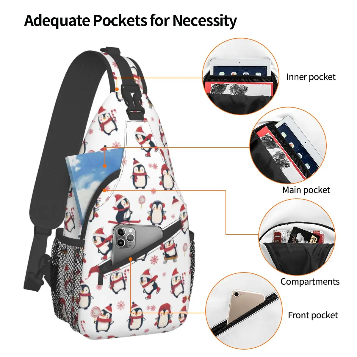 Bonito dos desenhos animados pinguim pequeno estilinguim saco peito Crossbody ombro mochila caminhadas ao ar livre Daypacks animal legal escola sacos