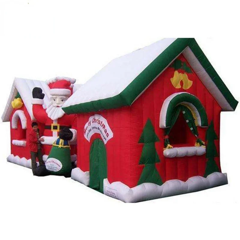 Hot sale Inflatable santa red grotto with snow on roof and windows for Christmas decoration