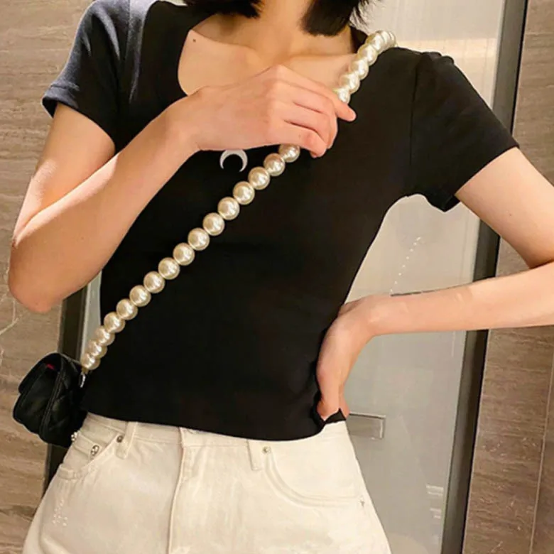 

Slimming Sexy Low Ne Moon Print T-irt ort Sve U-Ne Base Layer Top Women's Summer Faion Cute Sle Embroidery