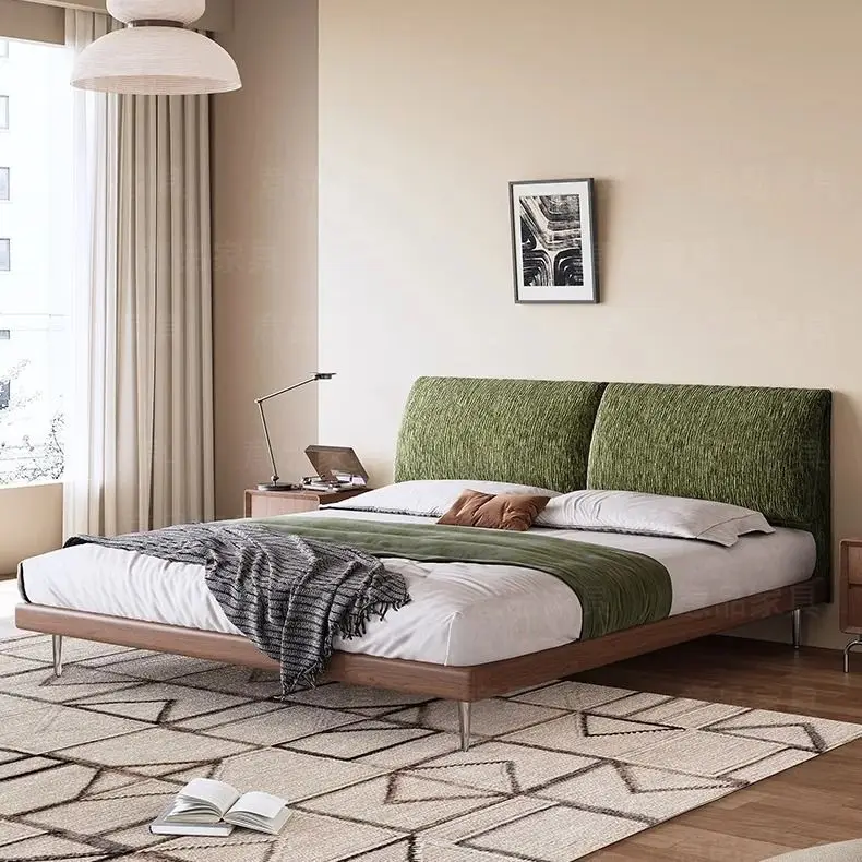 Factory Direct 2026 Italian elephant ear bed retro chenille cloth bed light luxury minimalist solid wood bed modern minimalist