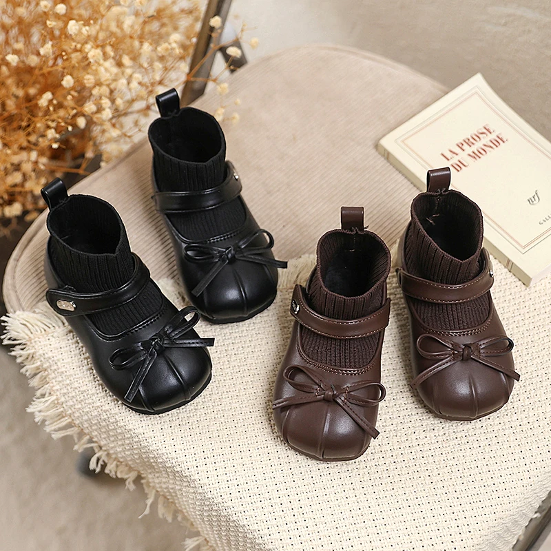 Girls Sock Leather Boots Children Knitted Ankle Boots Soft Sole Non Slip Kids Princess Dress Shoes Spring Autumn New