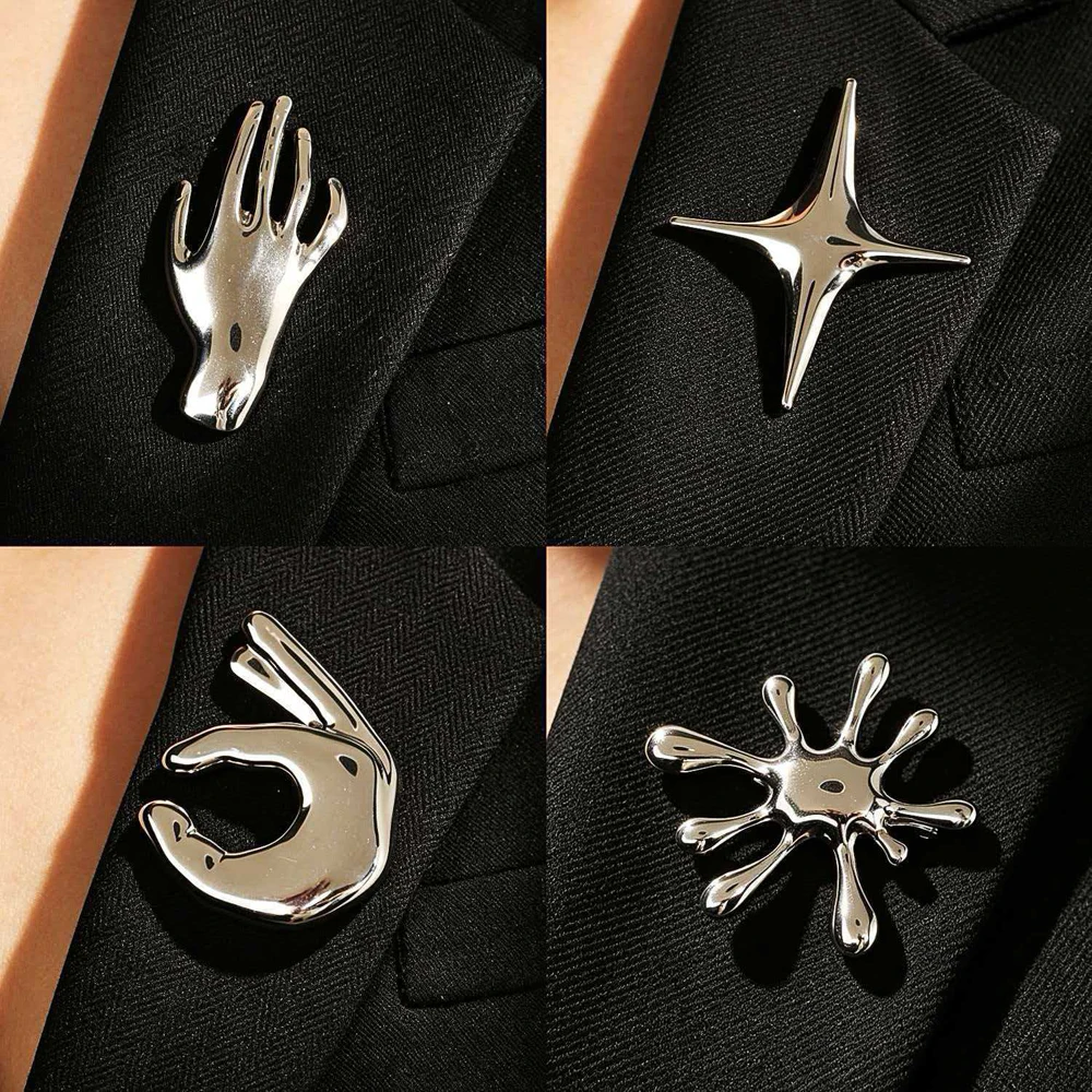 Stainless Steel Liquid Metal Brooch Neutral Creative Palm Starburst Shape Lapel Pin High Sense Jewelry Accessories for Suit Coat