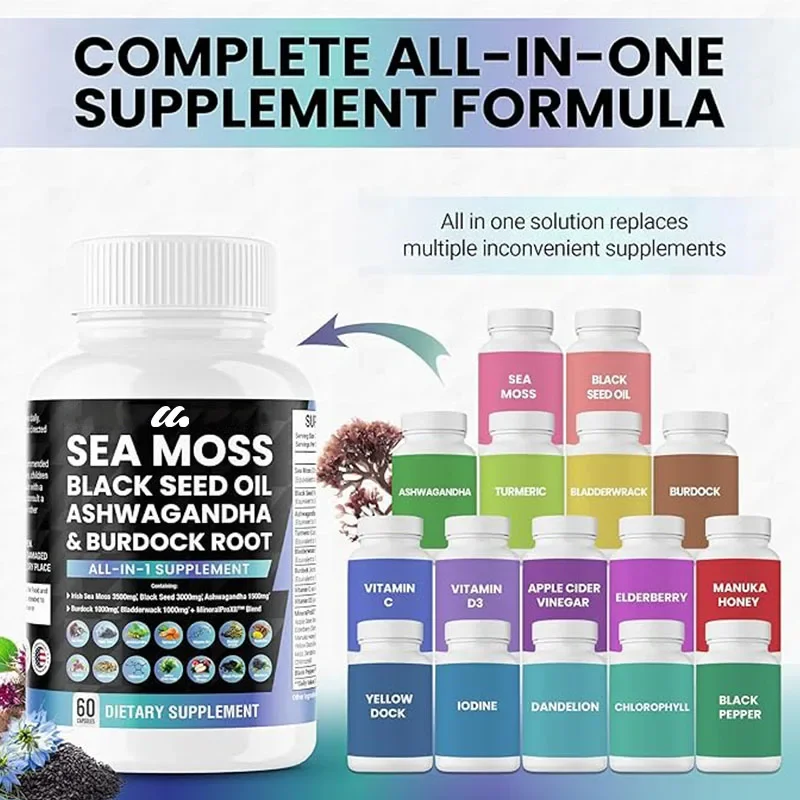 

Sea Moss Black Seed Oil South African Drunken Eggplant Turmeric Bladder Burdock, Vitamin C and D3