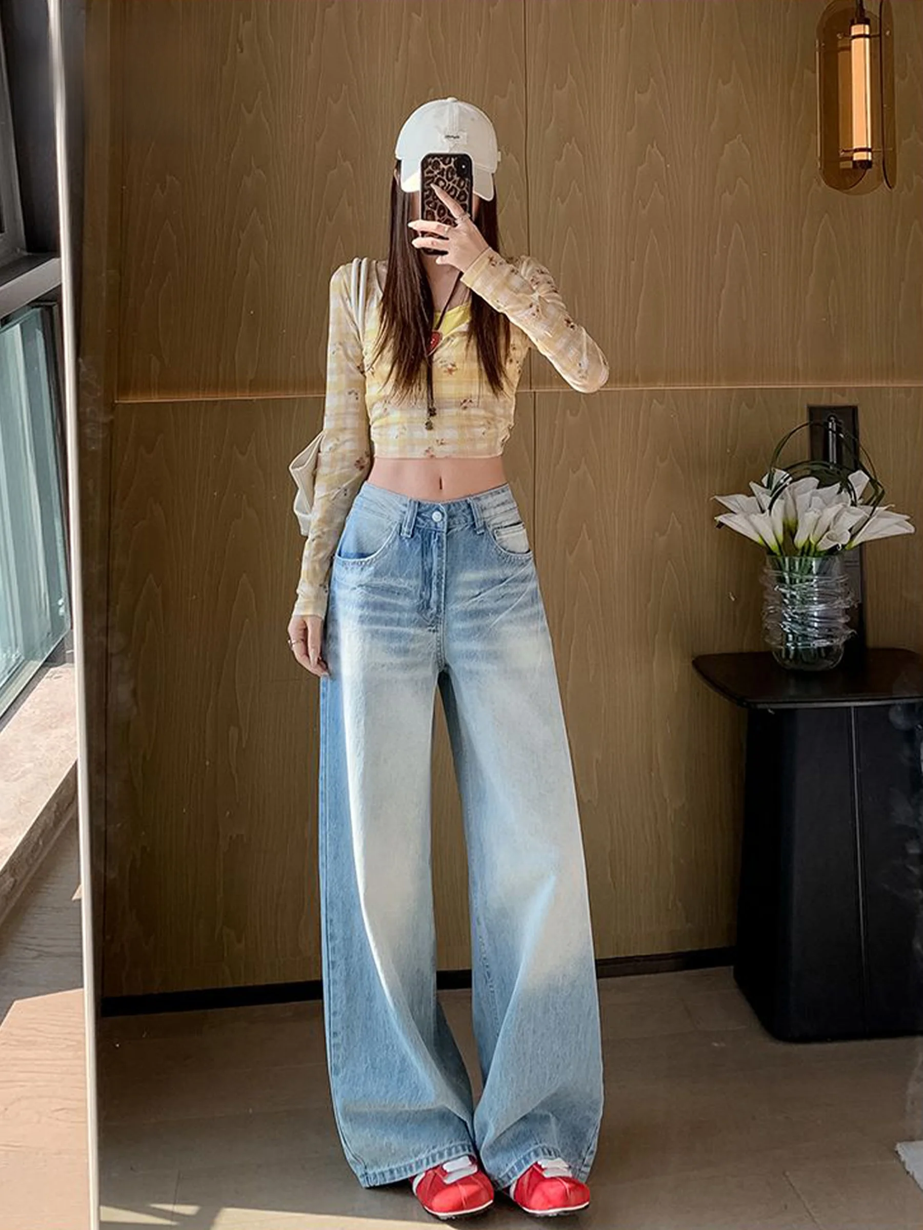 

Ретро-джинсы американского стиля с эффектом потертости, прямые, свободные, широкие, длинные брюки для женщин, летние, повседневные, с высокой талией, из денима