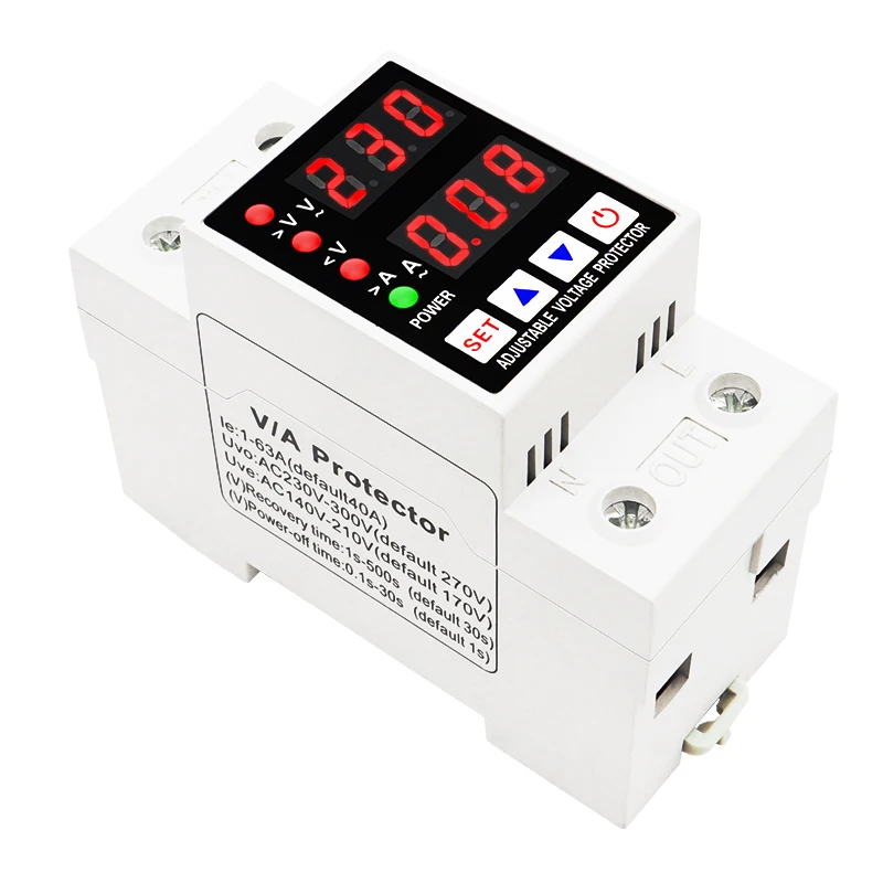 40A 63A 230V Din Rail Adjustable Digital Over Under Voltage Relay Surge Protector Limit Over Current Protection