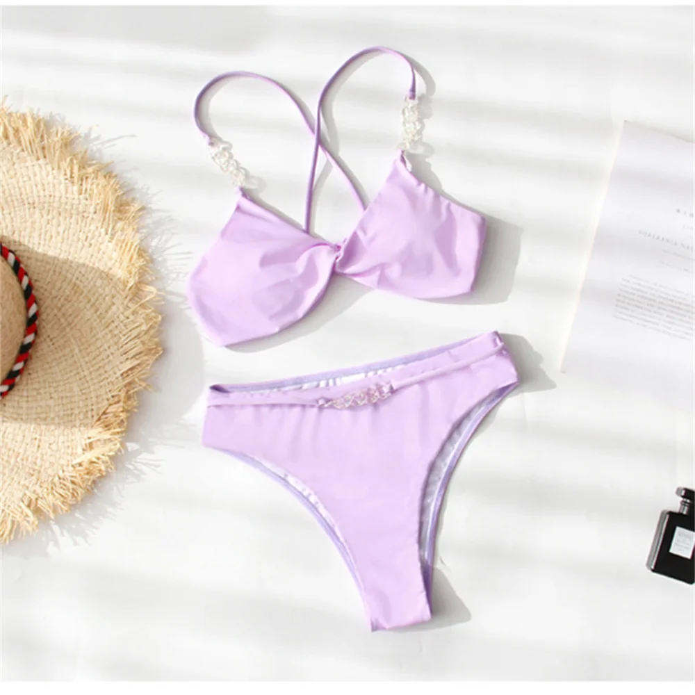 

Purple Bikini Twist Sexy Chains Micro String Swimsuit Lace Up Backless Swimwear Trend Women 2-Piece Brazilian Beach Bathing Suit