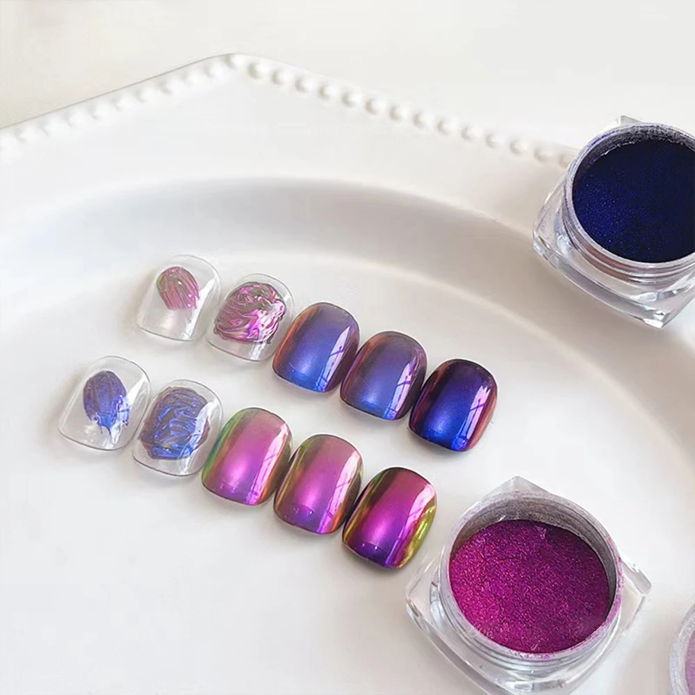 1 pot bleu violet Chrome caméléon Aurora poudre à ongles 0.3g effet métallique holographique ongles frottant la poussière Gel vernis à ongles Pigment